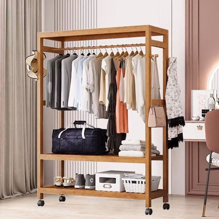 Bruin Bamboe Kledingrek met Wielen - Open Kledingkast voor in de Slaapkamer of Hal - B/D/H: 100 x 35 x 165 cm