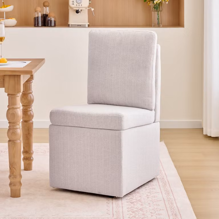 MEUNIQ eetkamerstoel met opbergruimte en wielen, 360 graden draaibare gestoffeerde stoel in chenille, grijs beige, B/D/H: 49 x 65 x 92 cm, zithoogte: 48 cm