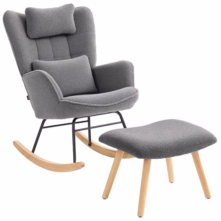 HOMCOM Schommelstoel met Voetenbank en Zachte Fleece Bekleding, Grijs, H 100 x B 71 x D 102 cm