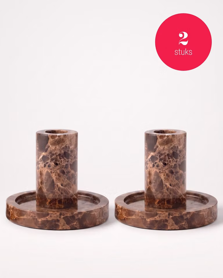 vtwonen Set van 2 Marmeren Kandelaars voor Taperkaarsen - Bruin - B: 10,2 cm, D: 7,9 cm