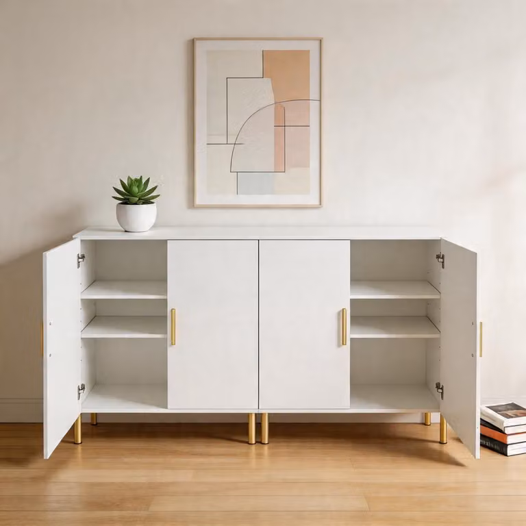 Komhtom Moderne multifunctionele opbergkast in mat wit met 4 deuren en gouden decoratie