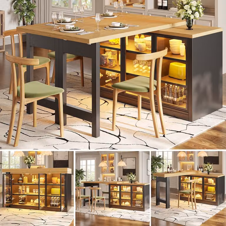 Clruro Keukeneiland Zwart - 360° Draaibaar - App-gestuurde LED en Glazen Deuren - MDF - B/D/H: 120 x 40 x 72 cm tot 197 x 40 x 72 cm