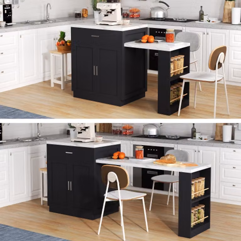 Modern kookeiland met uitschuifbare eettafel voor 4-6 personen, zwart-wit, voorzien van stopcontact, opbergkast, 2 lades en 2 open vakken