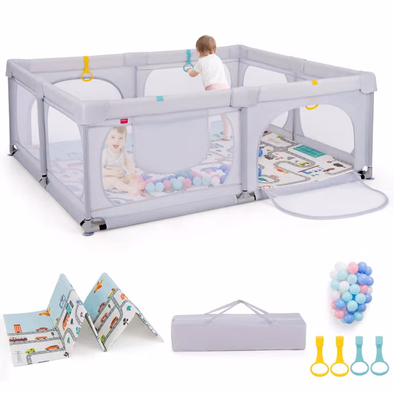 Costway Babybox Lichtgrijs met Matras, 50 Speelballen, 4 Trekringen en 4 Ritsdeuren, B: 189 cm, D: 158 cm