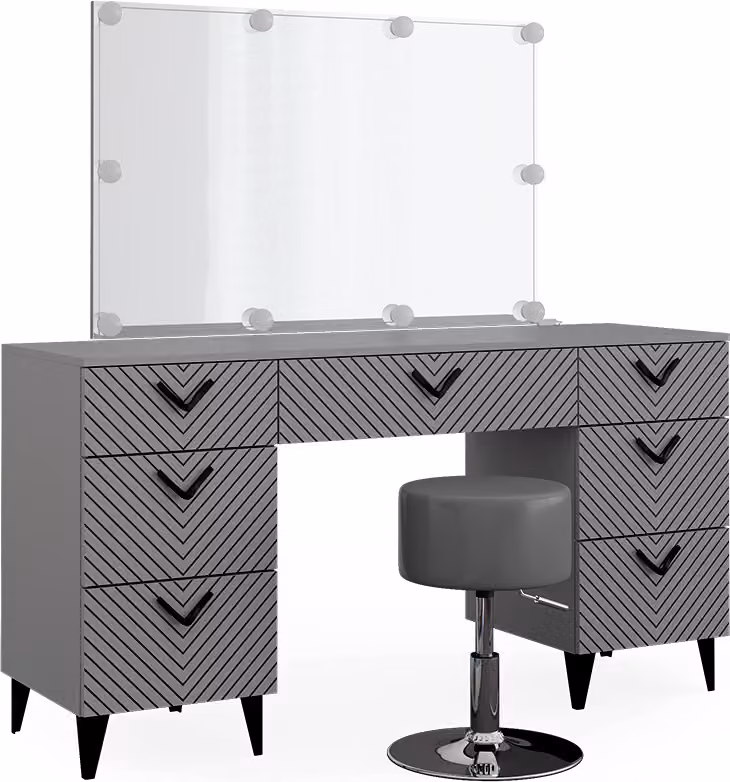 Vicco Anett Kaptafel set met kruk en spiegel met LED-lichtslinger, Grijs, Breedte: 150 cm