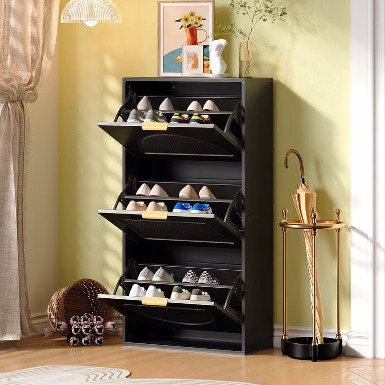 Schoenenkast Smal met 3 Kleppen voor Hal en Woonkamer - Zwart - B/D/H: 60 x 24 x 114 cm