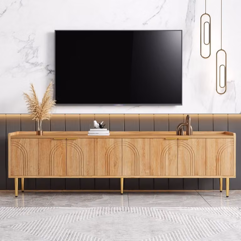 Modern TV meubel met 3D gebogen deuren en gouden accenten in natuurhout, Breedte: 170 cm