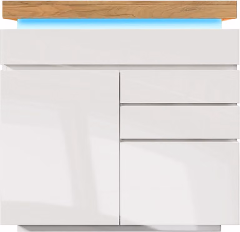 Modern wit hoogglans dressoir met 2 deuren, 3 laden en LED-verlichting met app-bediening, B/D/H: 115 x 39 x 110 cm