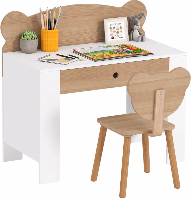 Kinderbureauset met werktafel en stoel in de vorm van een beer, inclusief lade, geschikt voor 3 tot 8 jaar, naturel hout