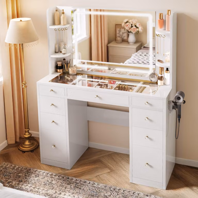 YITAHOME Grote kaptafel met verstelbare LED-verlichting, stopcontacten en 9 laden, wit
