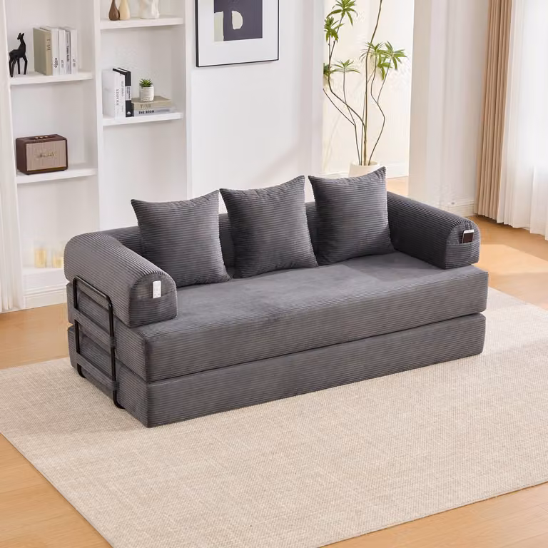 Wishdor Modulaire Bank in Donkergrijs Ribfluweel en Metaal met Zijvak en 3 Kussens - B/D/H: 200 x 94 x 67 cm