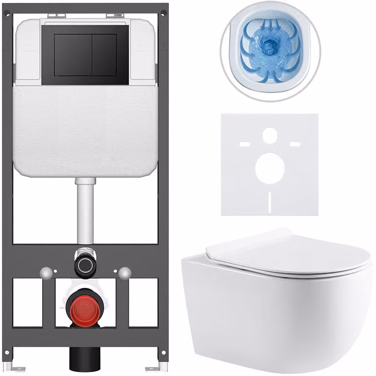 CERANO Toiletset Felci wit glanzend met zwarte bedieningsknop Prime/Maxio en hangend toilet voor wandmontage 53 x 37 cm