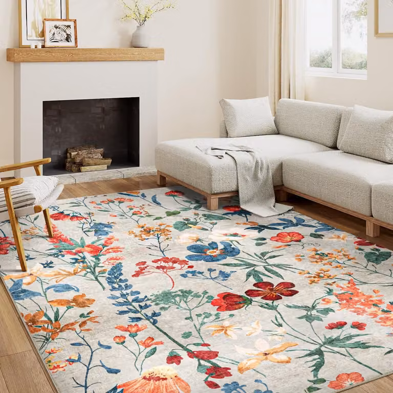 Bloemig Woonkamer Tapijt Beige - Rechthoekig Kortpolig Vloerkleed met Antislip