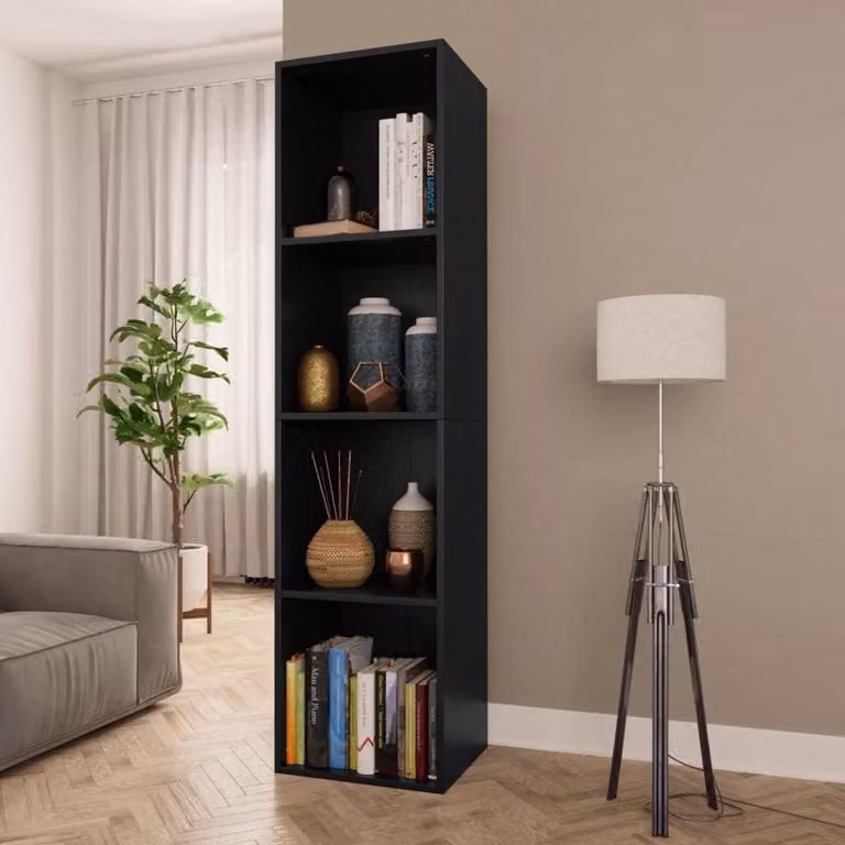 Zwarte Boekenkast met vier mediavakken voor in de woonkamer, H x B x D: 143 x 36 x 30 cm