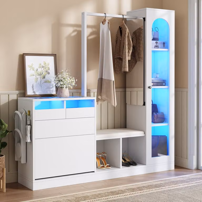 Re-purelife Moderne Gangmeubel met Opbergruimte en LED Verlichting - 6-in-1 Garderobekast met Kleerrek, Schoenenkast, Opbergbank en Spiegel - Wit - B/D/H: 163 x 35 x 161 cm