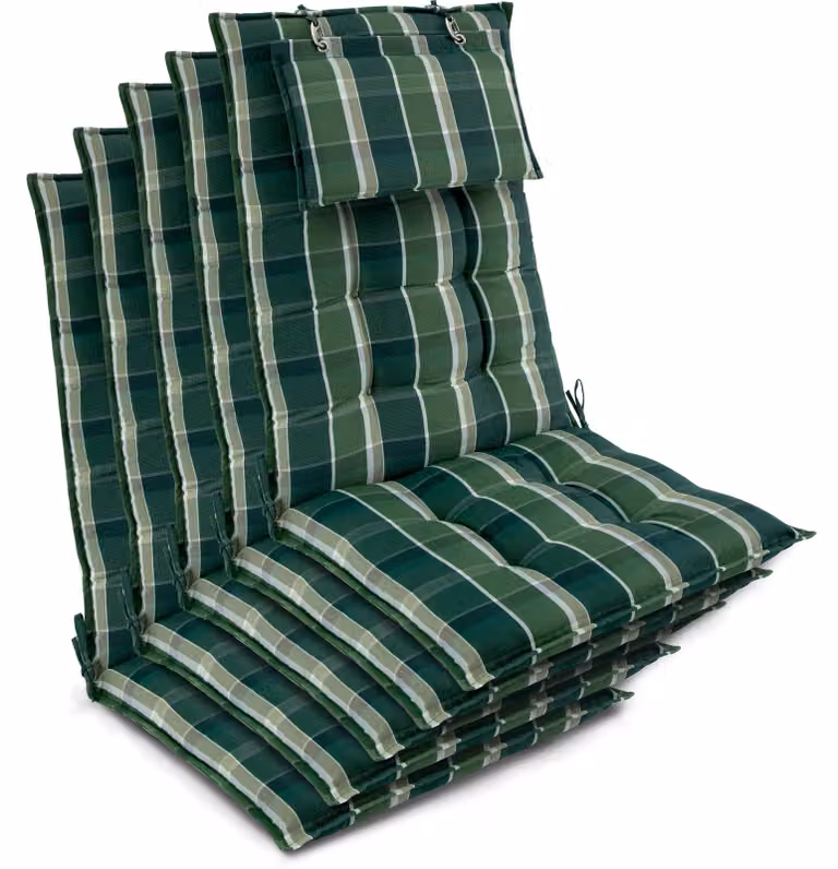 Beautissu 5-delige set zittingkussens voor tuinstoelen met hoge rugleuning, groen geruit, B/D/H: 120 x 50 x 8 cm