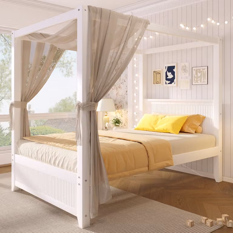 Mivray Hemelbed Wit met Open Dakframe en Lattenbodem voor Kinderkamer of Jeugdkamer, B/D/H: 90 x 200 cm