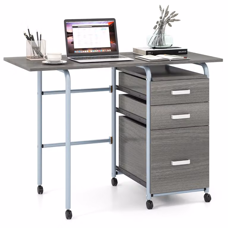 Costway Opvouwbaar Schrijfbureau met Drie Opberglades en Vergrendelbare Wielen, Grijs, B/D/H: 105 x 50 x 74 cm