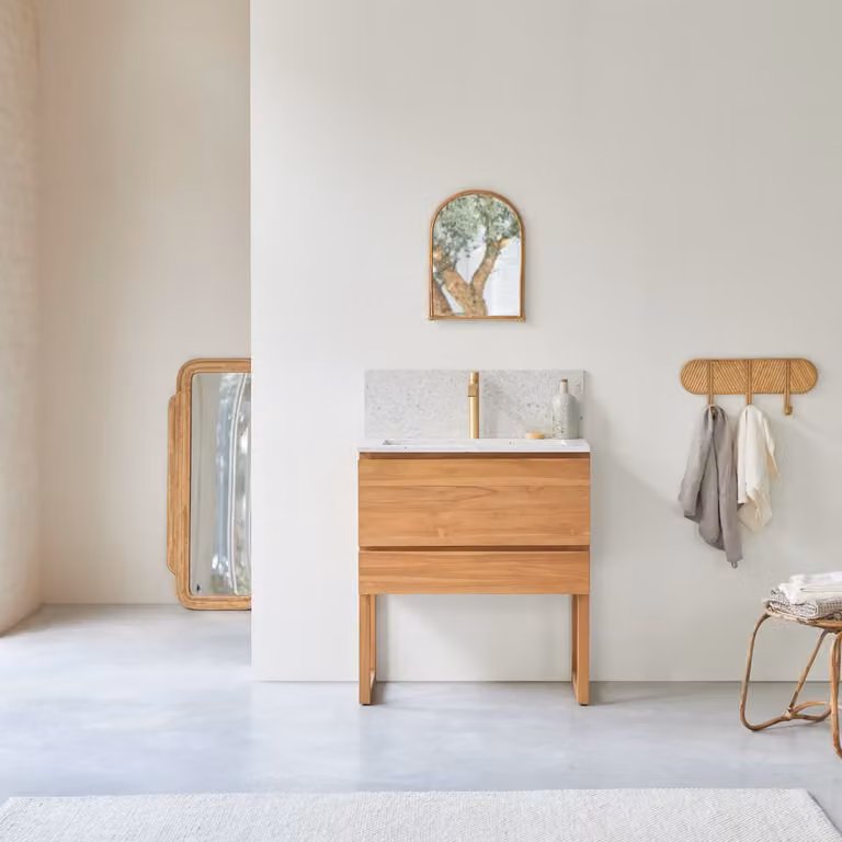 Tikamoon Edgar Badkamermeubel van massief teakhout en Moon Premium Terrazzo - Beige/Bruin - Breedte: 80 cm, Hoogte: 90 cm, Diepte: 46 cm
