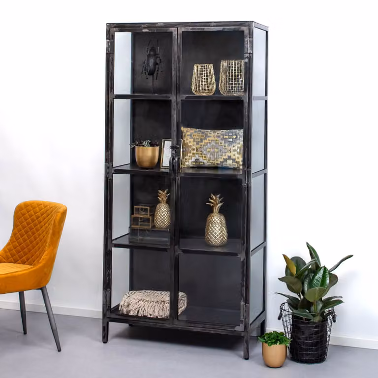 LifestyleFurn Industriële Vitrinekast Rift Metal met glazen deuren - Gun Metal - H 190 cm