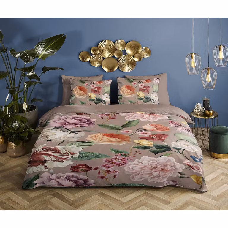 Descanso Fiori Dekbedovertrek van organisch mako-satin katoen - Beige/Bruin - B/D: 140 x 220 cm