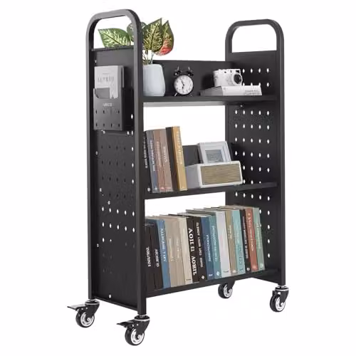 VEVOR Boekenwagen zwart, metalen bibliotheekwagen met 3 planken, B/D/H: 77 x 38 x 122 cm