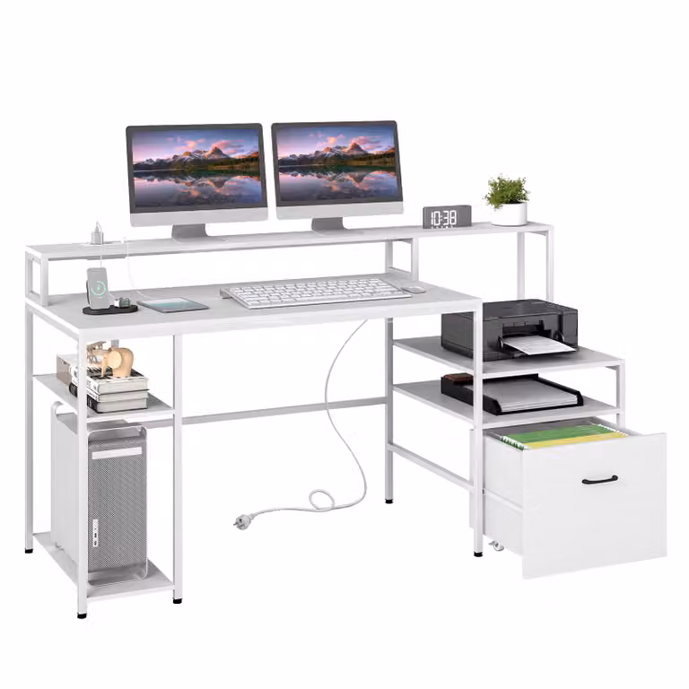 Costway Computertafel met Oplaadstation en Meerlaagse Bureau Wit B/D/H: 166 x 60,5 x 88,5 cm