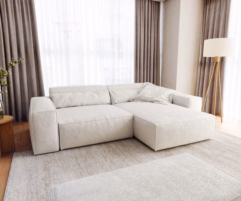 DELIFE Hoekbank Sirpio XL met variabel recamiere en kruk, Boucle, Cream-white, B/D/H: 266 x 173 x 71 cm