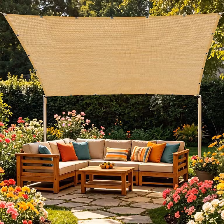Schaduwdoek met oogjes in zandgeel voor zonbescherming in de tuin, 100 x 100 cm