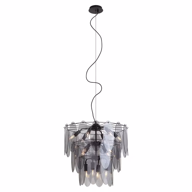 Qazqa Art Deco hanglamp zwart met ovaal smoke glas - 14-lichts