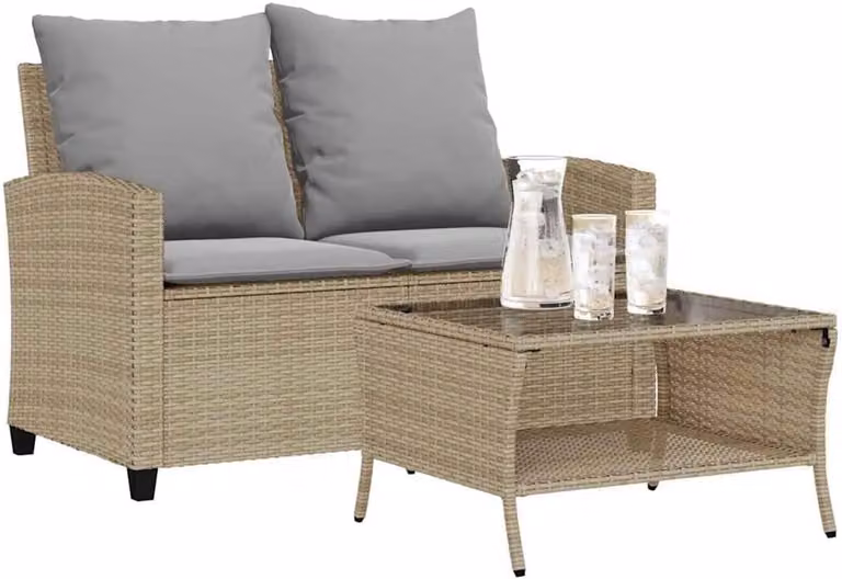 Beige 2-zits tuinbank met kussens en salontafel van polyrotan