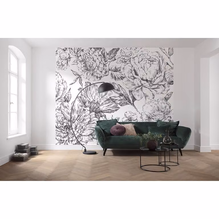 home24 Fotobehang Flowerbed Floral Mural in zwart, grijs en wit, Breedte: 300 cm, Hoogte: 250 cm