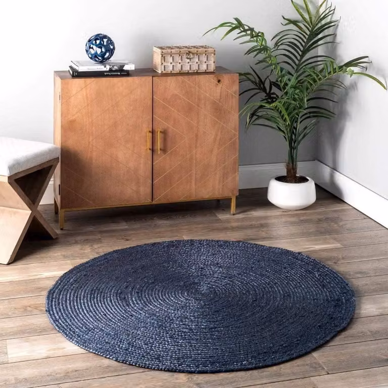 Handgeweven Rond Jute Vloerkleed in Blauw - Boho Woonkamer Decoratie - Diameter: 125 cm