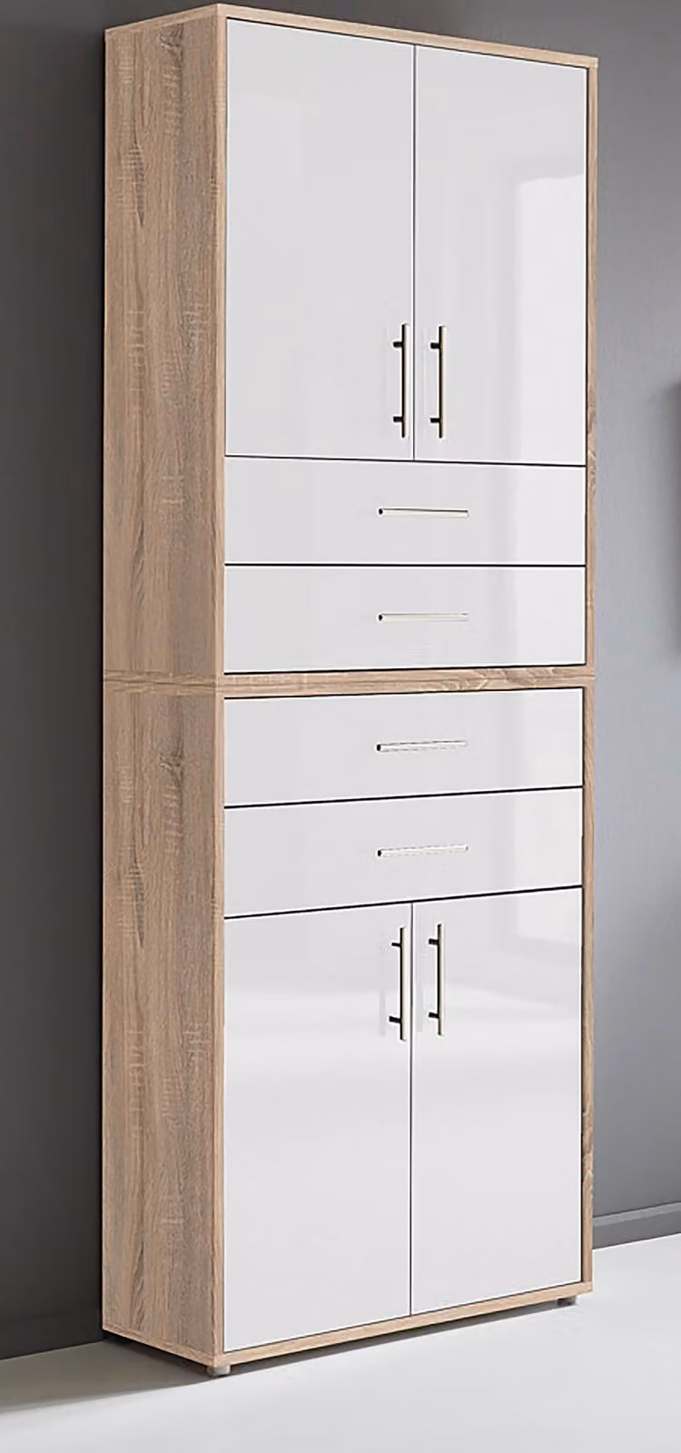 home24 Kastenset 2-delig C, Bruin/Sonoma eiken en Hoogglans Wit, B/D/H: 85 x 33 x 225 cm