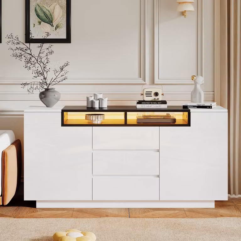 Sweiko Dressoir met LED-verlichting en 3 lades - Modern Hoogglans - Wit/Zwart - B/D/H: 140 x 48 x 60 cm