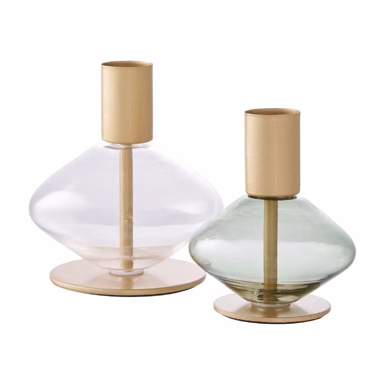 Nest of Nora Kaarsenhouders set van 2 - Glas en metaal - Goud/Groen/Transparant