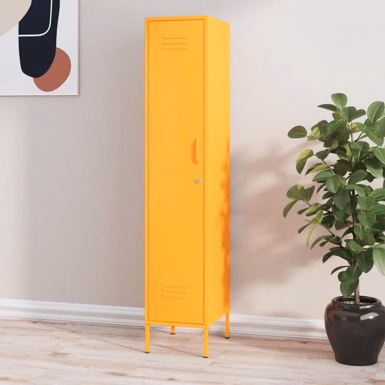Mosterdgele metalen opbergkast met vier legplanken, H 180 cm x B 35 cm x D 46 cm