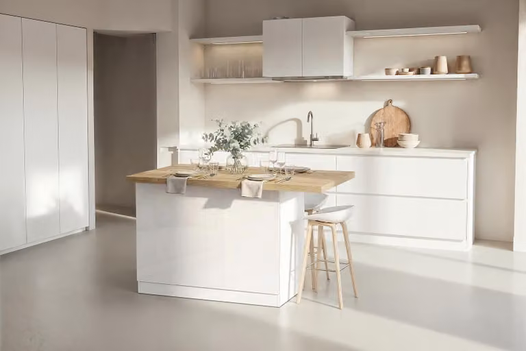 home24 Keukeneiland Isola met 2 deuren, wit hoogglans en licht eikenhout, B/D/H: 130 x 90 x 80 cm