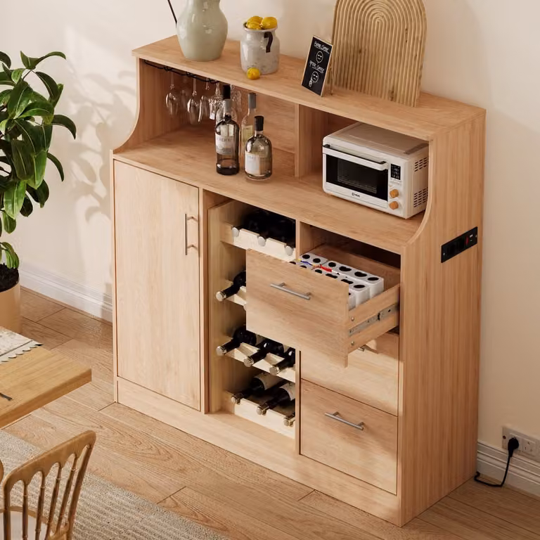 FloraGrace Dressoir met Wijnrek, Glashouder en Verlichting - Naturel Wit - B/D/H: 120 x 40 x 121 cm