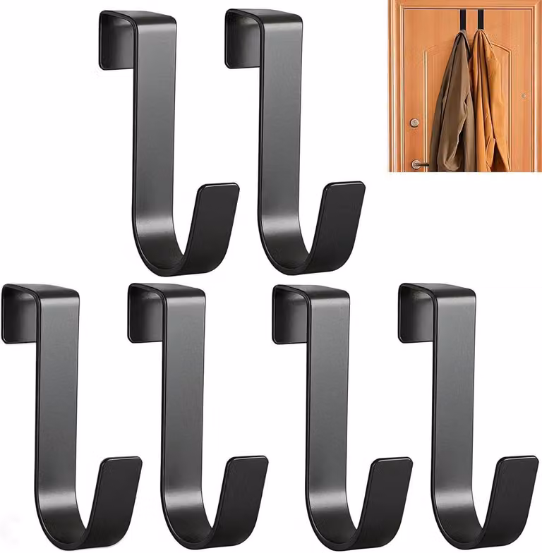 Set van 6 universele deurhaken van RVS in zwart voor handdoeken en keukenaccessoires