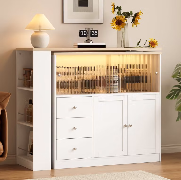 MIVRAY Keukenkast met draaibaar uitschuifbaar tafelblad en opbergruimte, Keukeneiland en Bartafel, Wit MDF, B/D/H: 172 x 40 x 96 cm