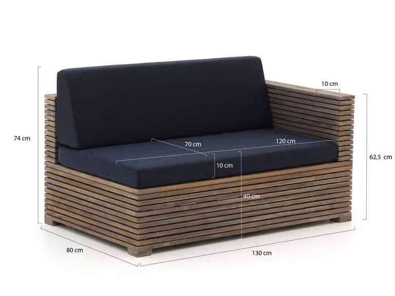 ROUGH Furniture Chaise longue loungeset voor 3 personen in Old Teak met blauwe stoffen kussens