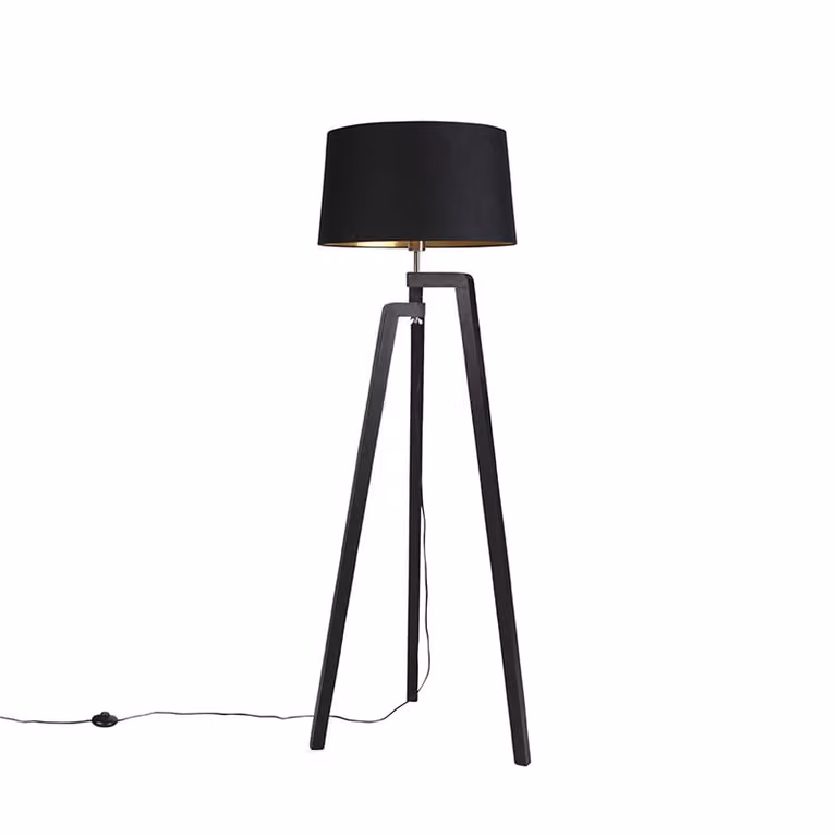 Qazqa Vloerlamp Tripod met Textiele Cilinderkap - Zwart en Goud/Messing - Dimmable