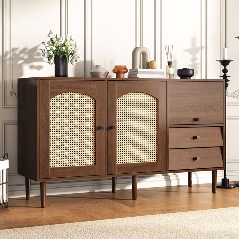 Mivray Dressoir Landelijke Stijl met Rattan Deuren en Magnetische Sluiting - Houtkleur - B/D/H: 130 x 40 x 75,5 cm