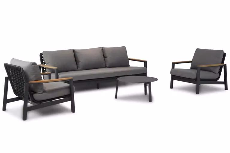 Coco Ralph/Rimini 4-delige loungeset met 3-zits bank, fauteuils en grijs met kussens en aluminium frame