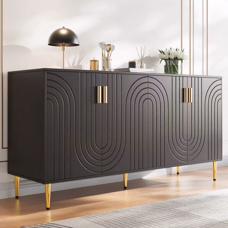 HAUSS SPOLE Dressoir Zwart met Golvend Frontdesign en Gouden Grepen B/D/H: 152 x 40 x 75 cm