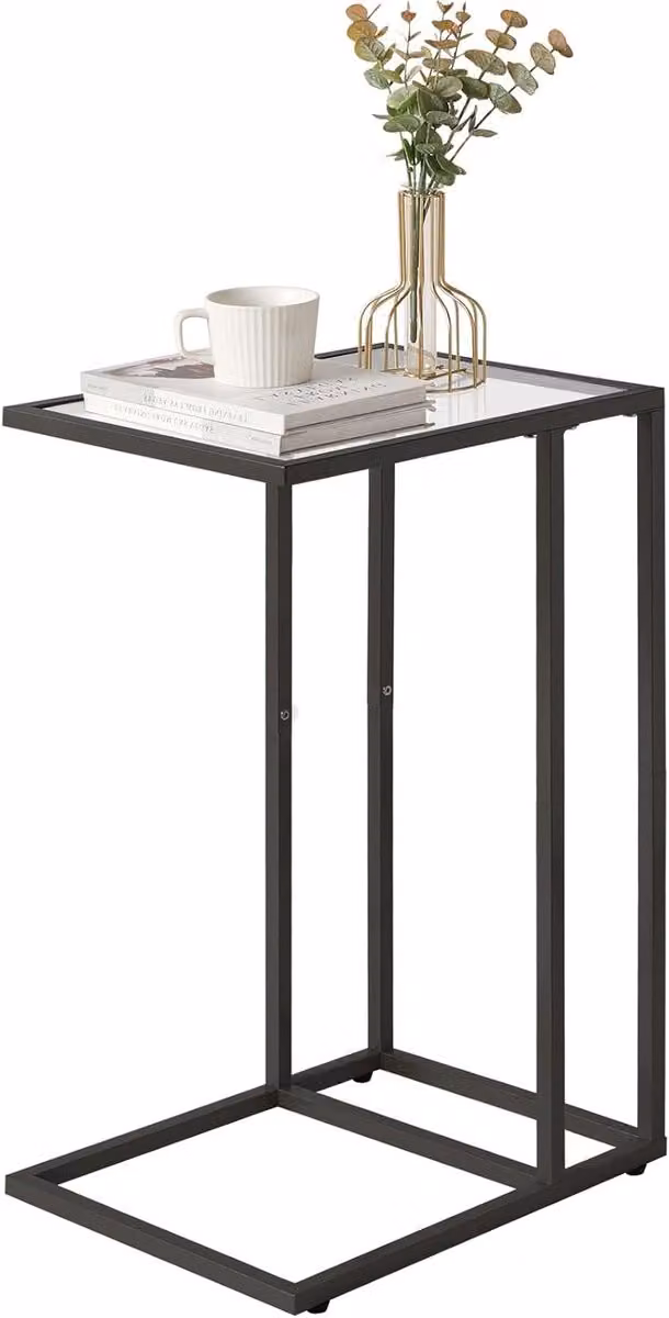 C-vormige bijzettafel van veilig glas met metalen frame, zwart, B/D/H: 40 x 30 x 63 cm