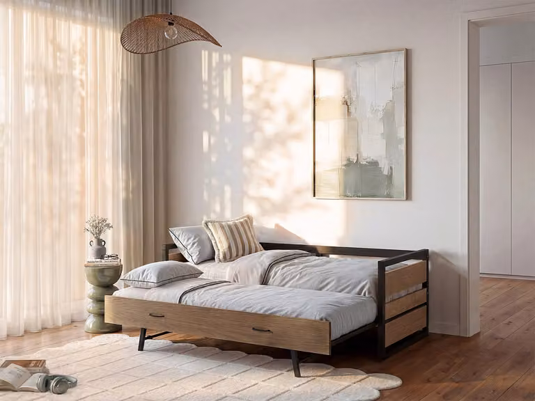 Vente-unique Bedframe in industriële stijl met lades, beige en wit, B/D/H: 90 x 190 cm