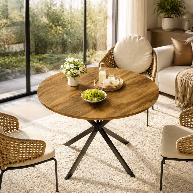 Welltin Ronde Eettafel Industrieel - Bruin/Zwart - B/D/H: 120 x 120 x 78 cm