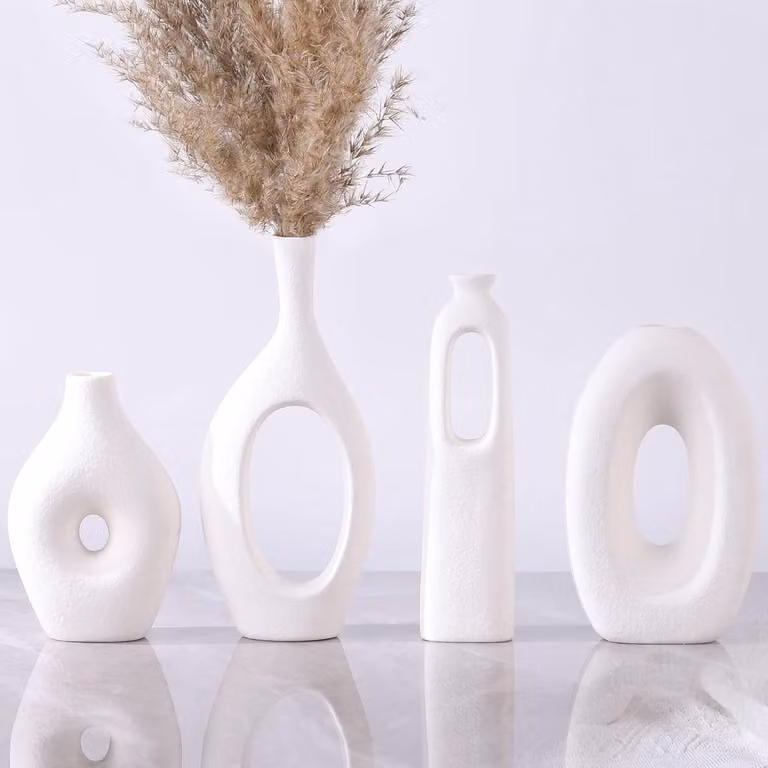 Set van 4 witte keramische vazen, ronde boho vazen voor pampasgras en bloemen, moderne minimalistische decoratie voor jouw woonkamer, slaapkamer of tafel